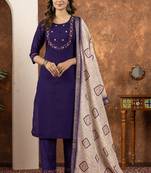 Purple marina silk kurti pant dupatta set