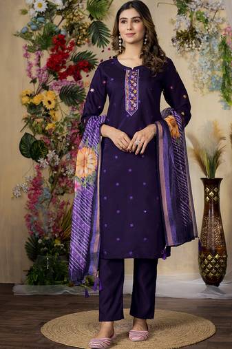 Purple roman silk kurti pant dupatta set