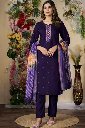 Purple roman silk kurti pant dupatta set