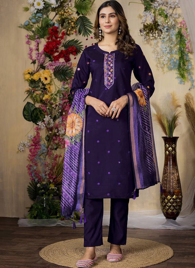 Purple roman silk kurti pant dupatta set