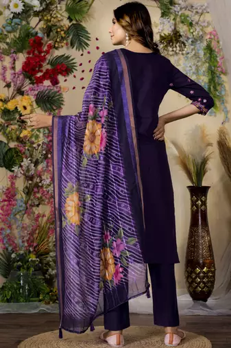 Purple roman silk kurti pant dupatta set