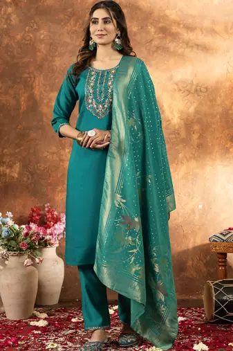 Rama green marina silk kurti pant dupatta set