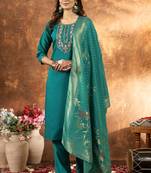 Rama green marina silk kurti pant dupatta set