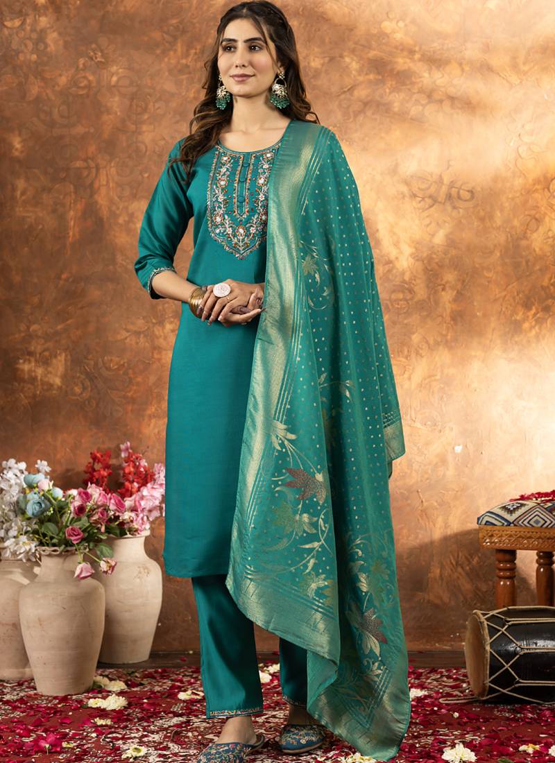 Rama green marina silk kurti pant dupatta set