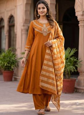 Dark orange pure mul chanderi kurti pant dupatta set 1