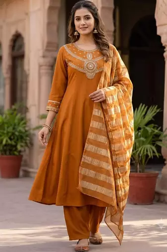Dark orange pure mul chanderi kurti pant dupatta set