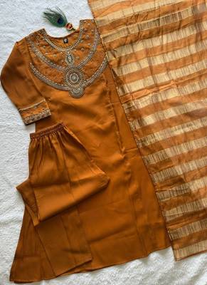 Dark orange pure mul chanderi kurti pant dupatta set 2