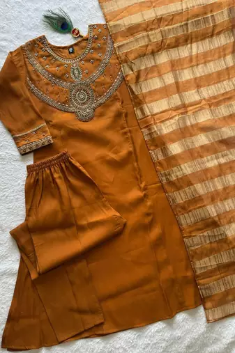 Dark orange pure mul chanderi kurti pant dupatta set
