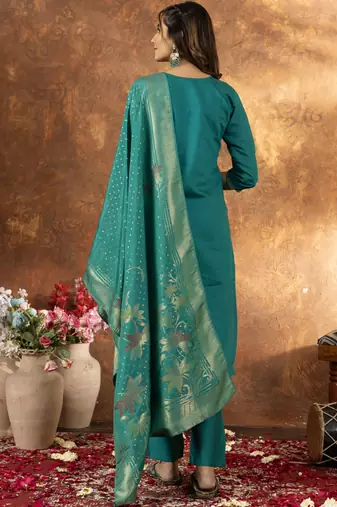 Rama green marina silk kurti pant dupatta set