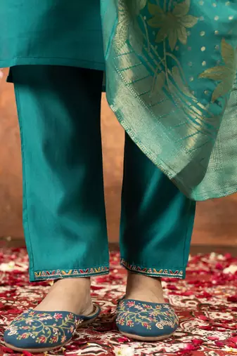 Rama green marina silk kurti pant dupatta set