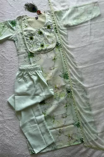 Pista pure linen cotton kurti pent dupatta