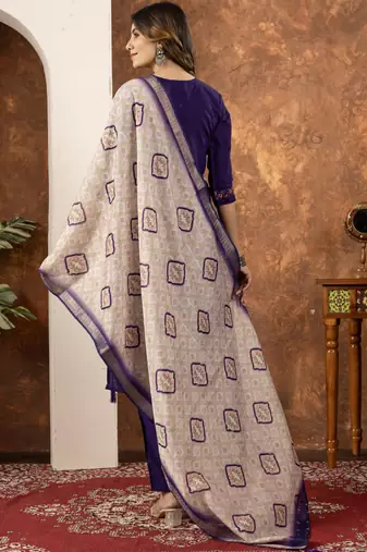 Purple marina silk kurti pant dupatta set