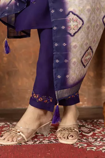 Purple marina silk kurti pant dupatta set