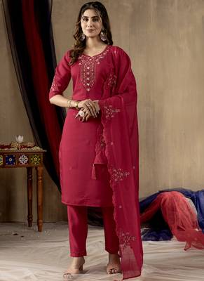 Pink roman silk kurti pant dupatta set 1