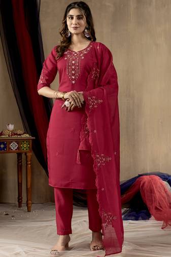 Pink roman silk kurti pant dupatta set