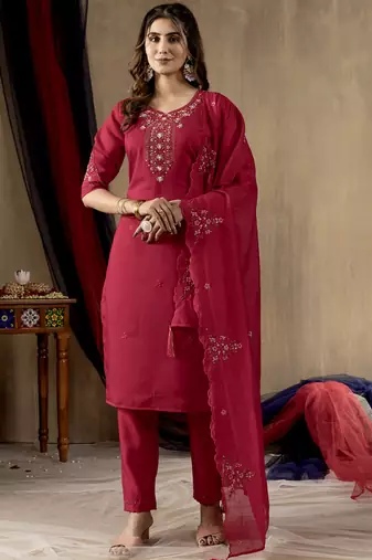 Pink roman silk kurti pant dupatta set