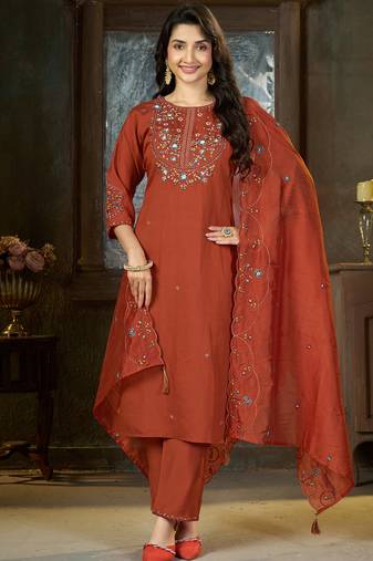 Rust marina silk kurti pent dupatta