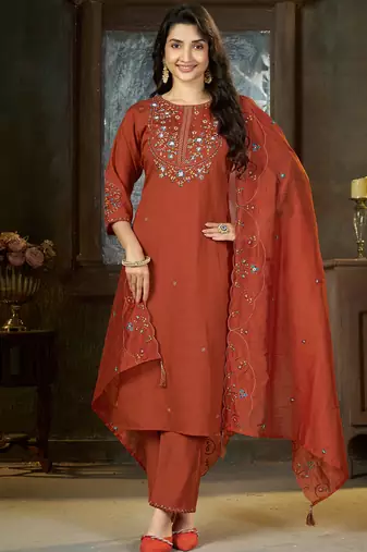 Rust marina silk kurti pent dupatta