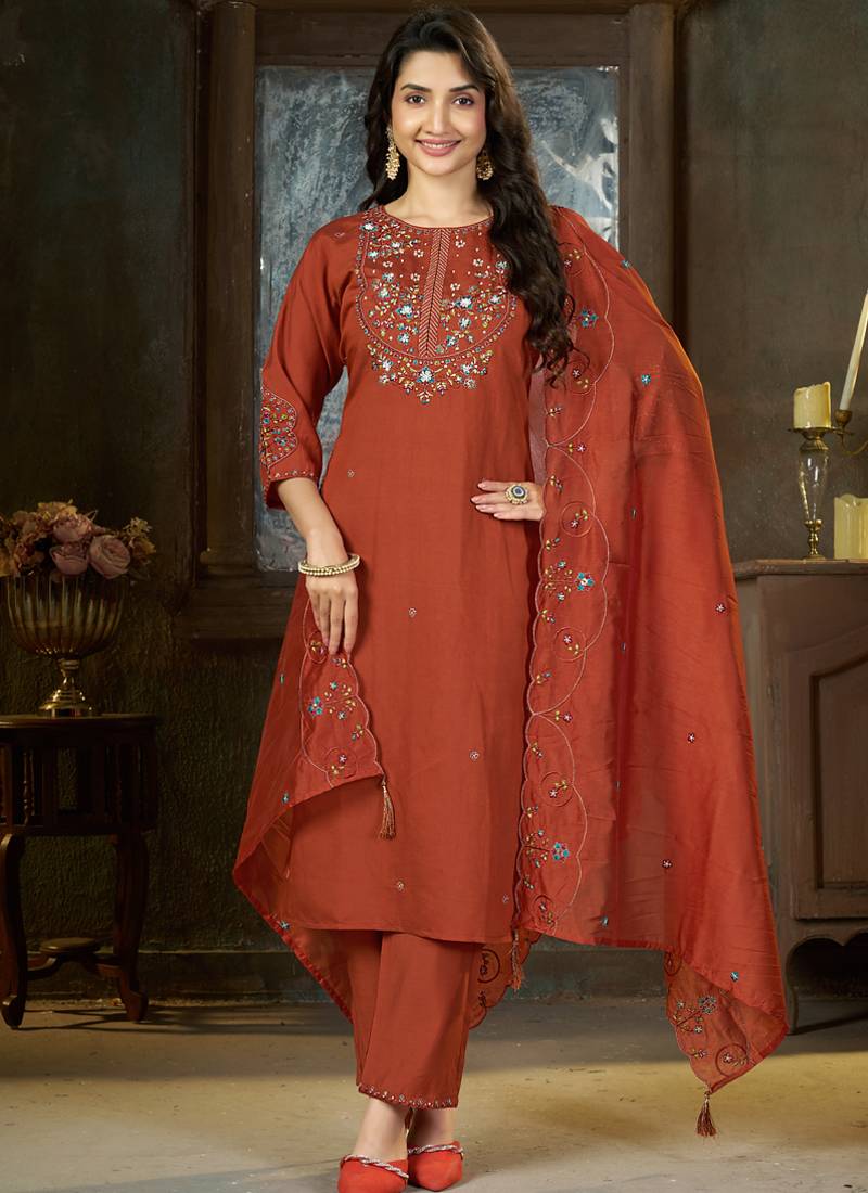 Rust marina silk kurti pent dupatta