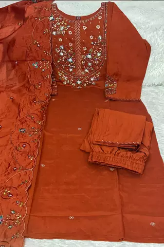 Rust marina silk kurti pent dupatta