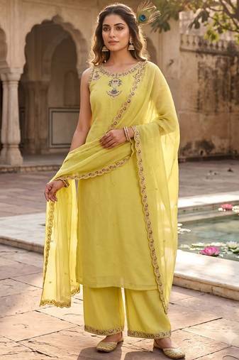Light yellow pure mul chanderi with embroidery work kurti pent dupatta