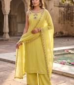 Light yellow pure mul chanderi with embroidery work kurti pent dupatta