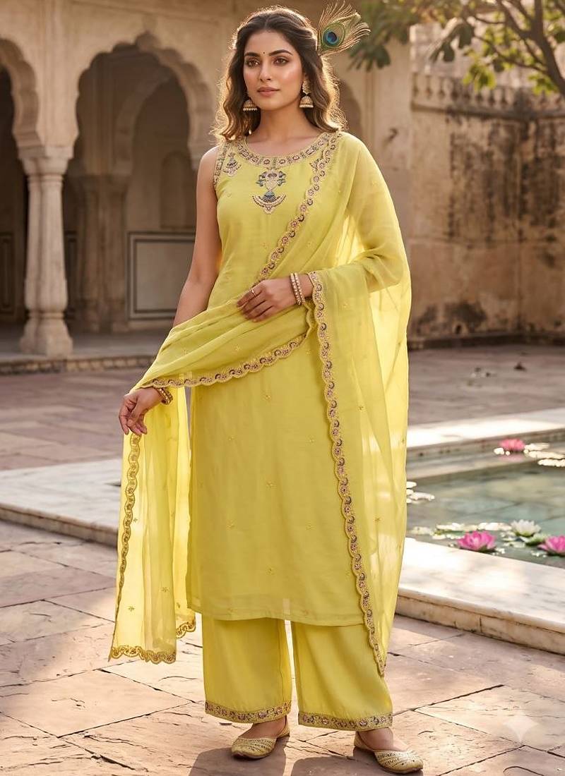 Light yellow pure mul chanderi with embroidery work kurti pent dupatta