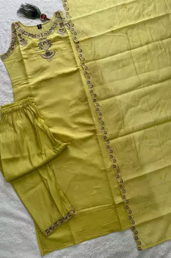 Light yellow pure mul chanderi with embroidery work kurti pent dupatta