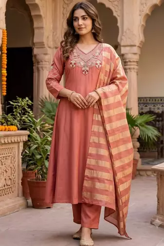 Dark peach premium mull chanderi kurti pent dupatta