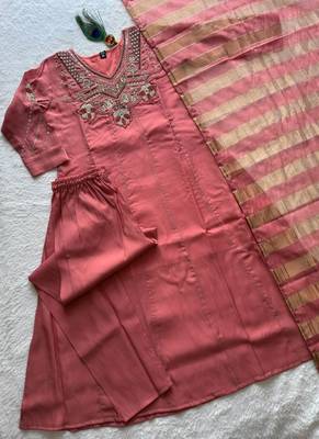 Dark peach premium mull chanderi kurti pent dupatta 2