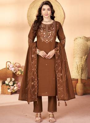 Coffee marina silk kurti pent dupatta 1