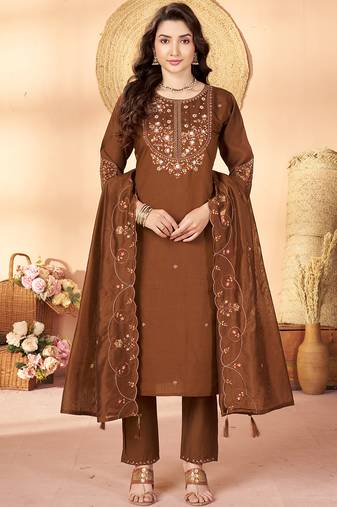 Coffee marina silk kurti pent dupatta