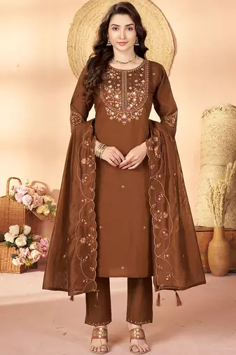 Coffee marina silk kurti pent dupatta