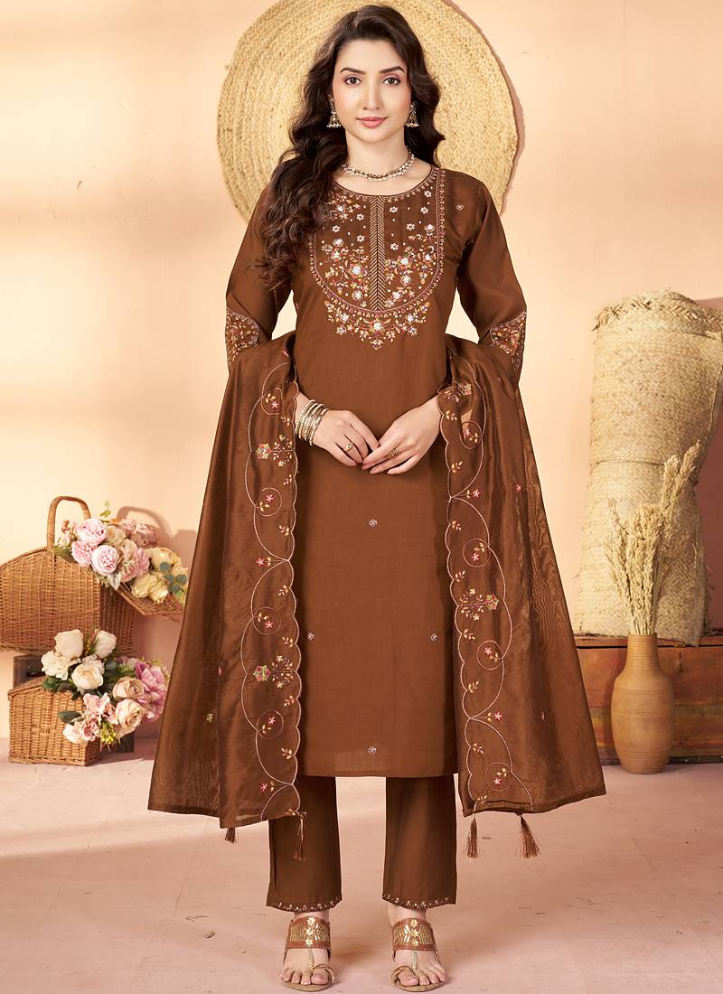 Coffee marina silk kurti pent dupatta