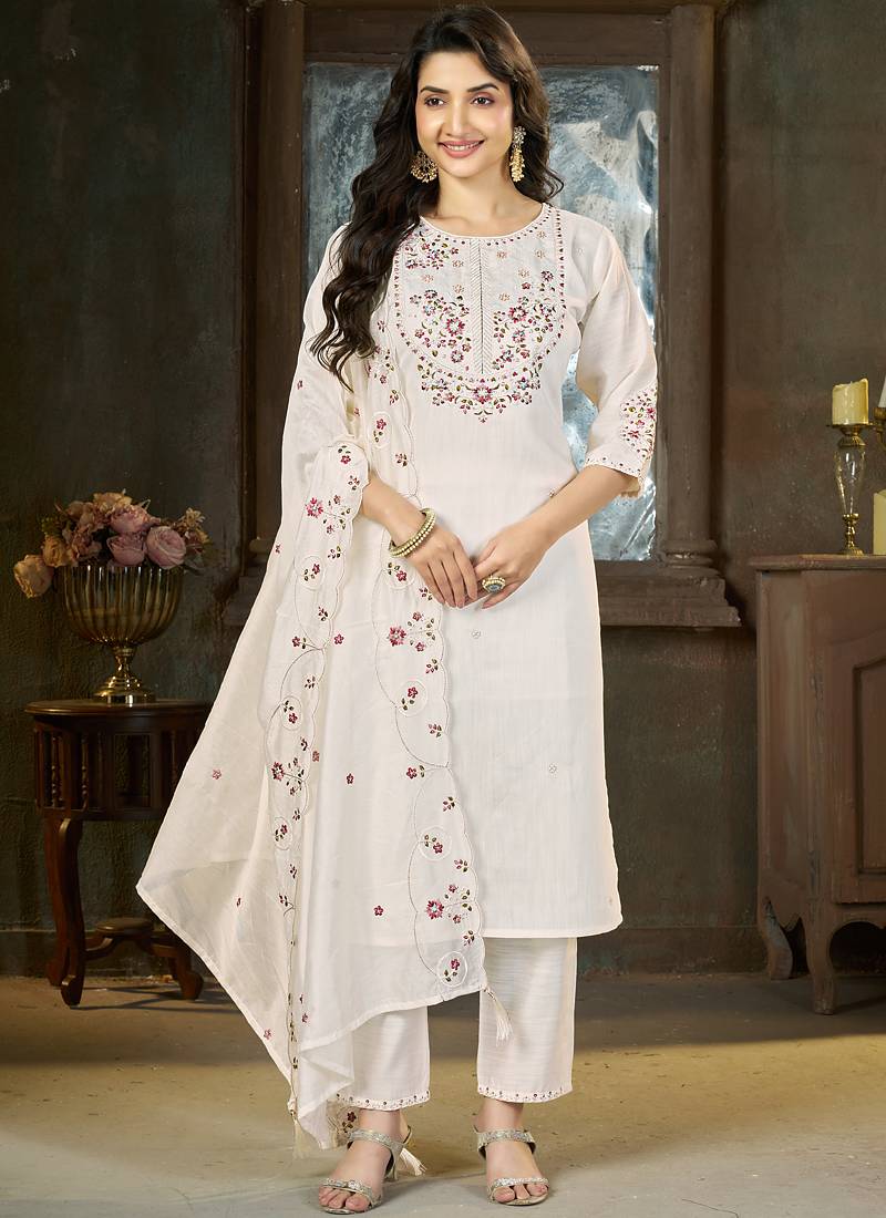 White marina silk kurti pent dupatta