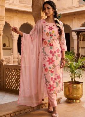 Light pink pure linen cotton kurti pent dupatta 1