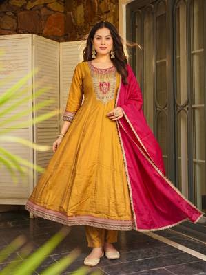 Mustard embroidered flared vichitra silk kurta pant set with dupatta 1