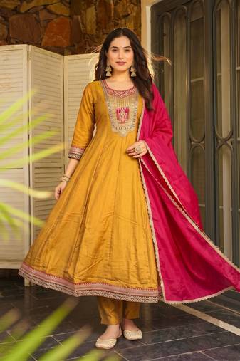 Mustard embroidered flared vichitra silk kurta pant set with dupatta