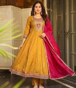 Mustard embroidered flared vichitra silk kurta pant set with dupatta