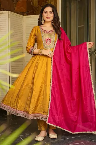Mustard embroidered flared vichitra silk kurta pant set with dupatta