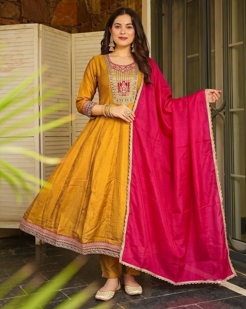 Mustard embroidered flared vichitra silk kurta pant set with dupatta