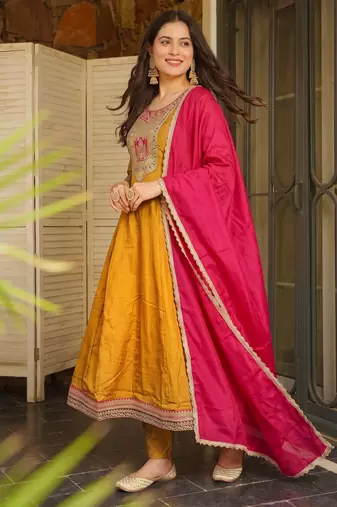 Mustard embroidered flared vichitra silk kurta pant set with dupatta
