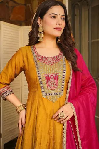 Mustard embroidered flared vichitra silk kurta pant set with dupatta