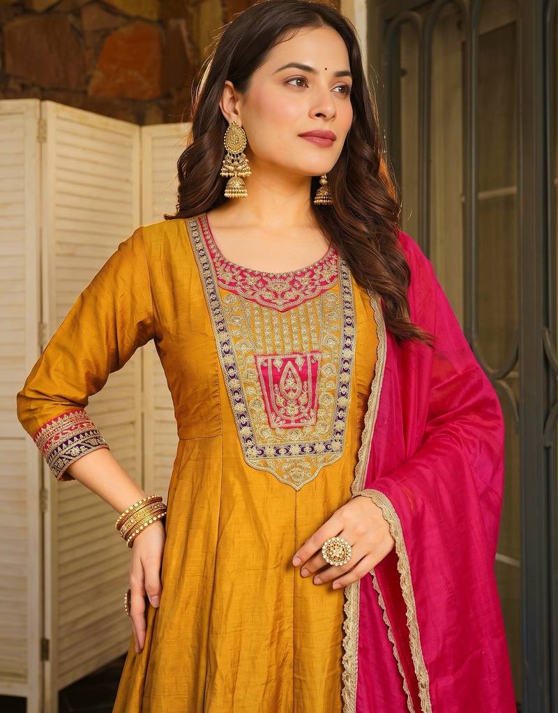 Mustard embroidered flared vichitra silk kurta pant set with dupatta