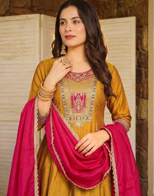Mustard embroidered flared vichitra silk kurta pant set with dupatta 5