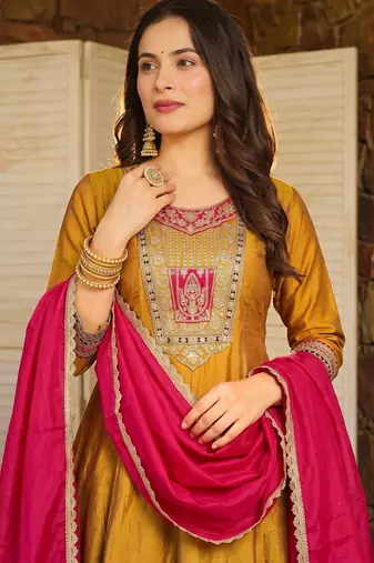 Mustard embroidered flared vichitra silk kurta pant set with dupatta