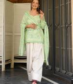 Pista green khadi cotton kurta with farshi salwar and printed cotton dupatta set