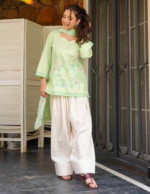 Pista green khadi cotton kurta with farshi salwar and printed cotton dupatta set 2