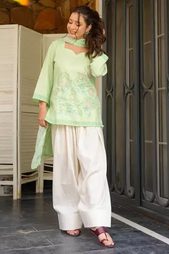 Pista green khadi cotton kurta with farshi salwar and printed cotton dupatta set