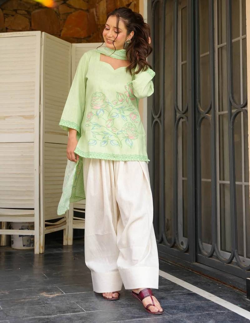 Pista green khadi cotton kurta with farshi salwar and printed cotton dupatta set
